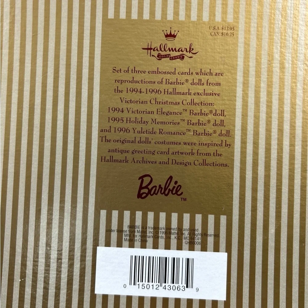 Vintage Hallmark Gold Crown Barbie Victorian Christmas Embossed Cards Set 1996